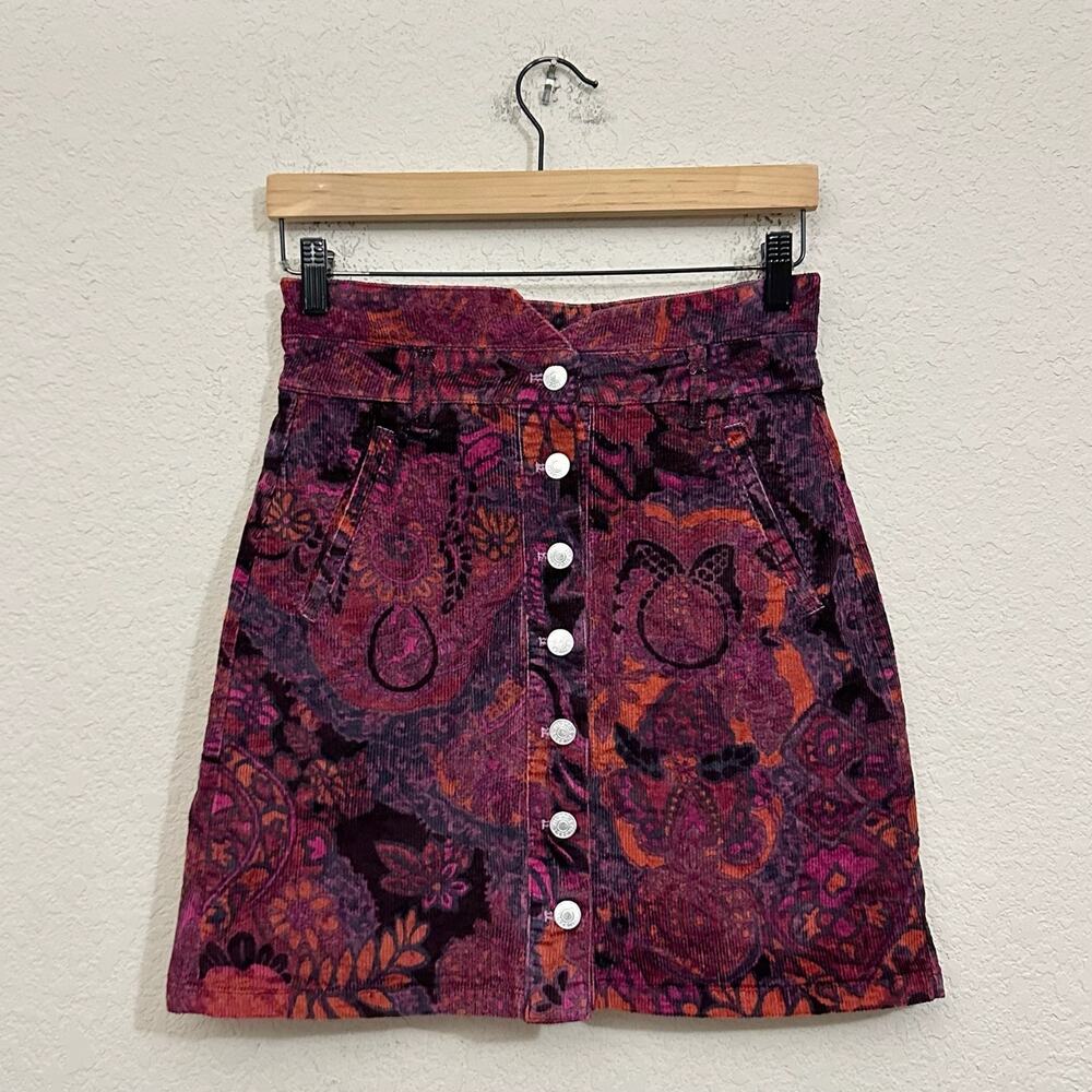 PILCRO ANTHROPOLOGIE Mini Skirt Purple Floral Corduroy Button Front